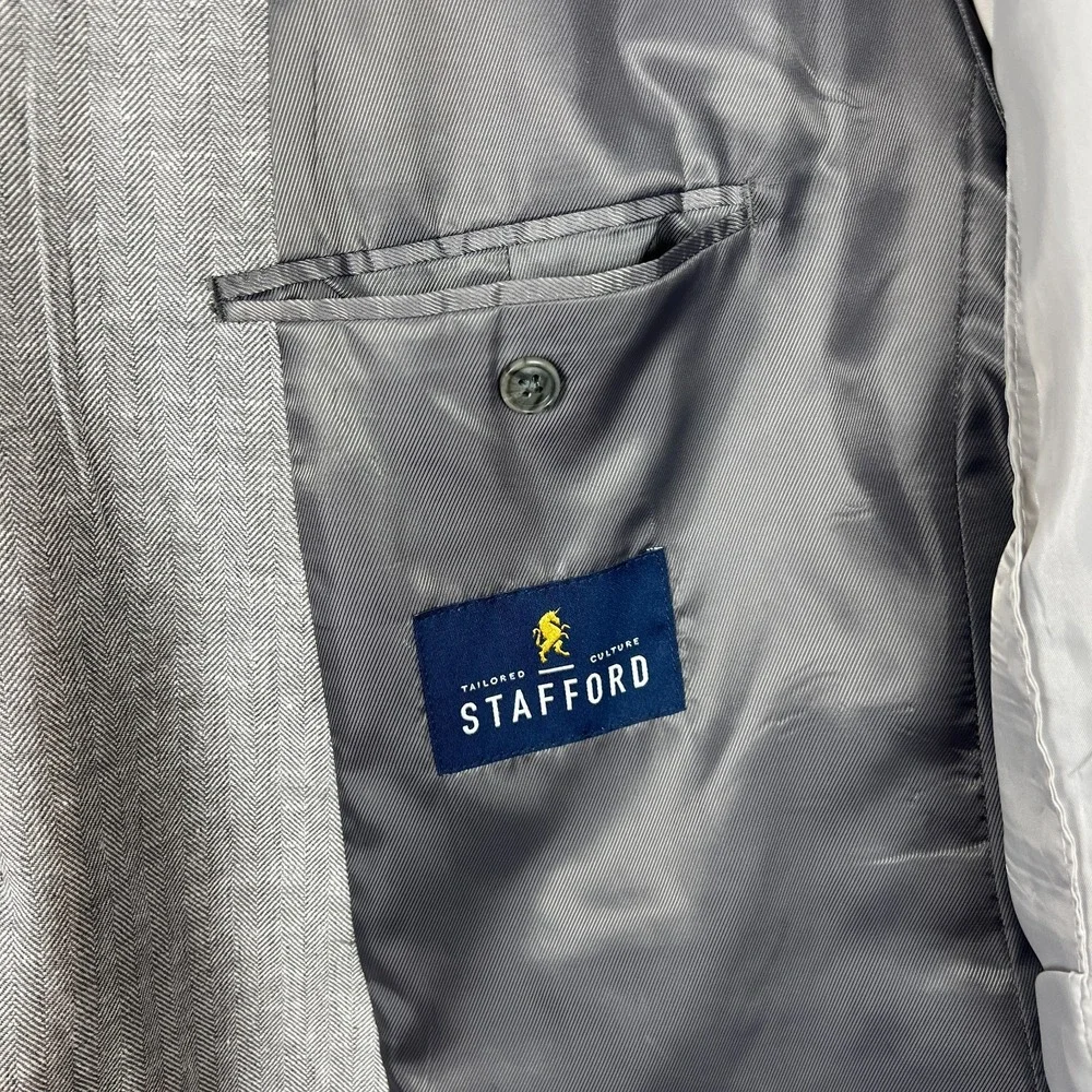 Stafford Sport Coat Mens 48 Regular Gray Linen Cotton Classic‎ Fit Herringbone
